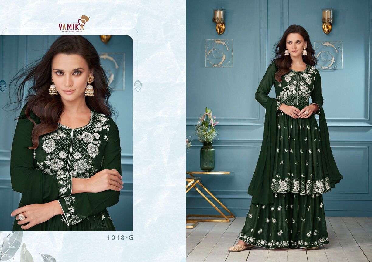 Vamika-Lakhnavi Vol 3 Dark Color-14 Kg-Rayon-White-Thread-Kurti-Rayon-Palazzo-Nazmin-Dupatta-1018-G